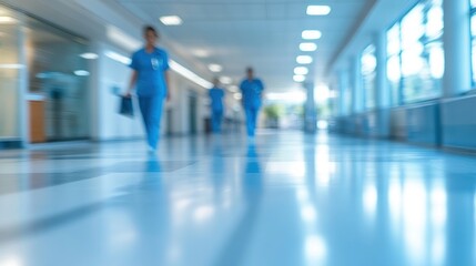 Medical personnel in scrubs walk quickly through a well lit hospital hallway, focusing on their tasks
