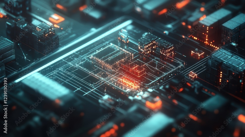 Poster complex network of circuits and connections pulsating with light and energy, symbolizing data proces