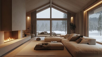 Cozy mountain cabin living room with panoramic winter views and modern fireplace