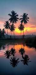 Obraz premium A small tropical island with tall palm trees reflecting on calm water during a stunning orange sunset, creating a peaceful atmosphere. 