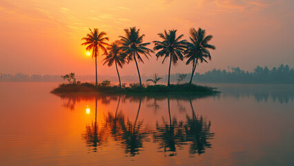 Obraz premium A small tropical island with tall palm trees reflecting on calm water during a stunning orange sunset, creating a peaceful atmosphere. 