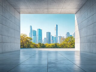 Fototapeta premium Concrete portal frames a vibrant city skyline with autumn trees under a clear blue sky