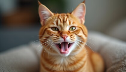 Cute smiling kitten with a charming expression, Ginger fur adds to the cat's appeal.