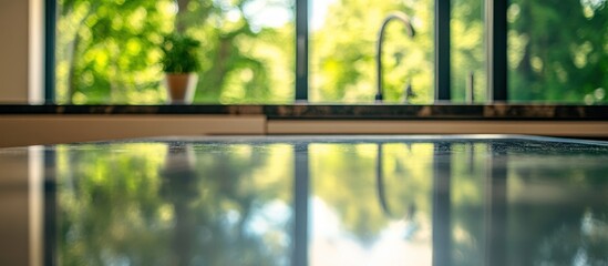 Kitchen Countertop Reflection of Lush Greenery