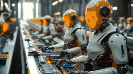 Fototapeta premium Robots work in a factory assembly line. cyberpunk style
