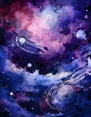Spaceship exploring a colorful nebula and planets in deep space
