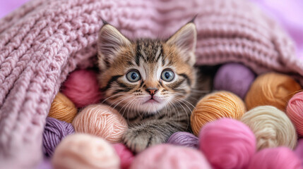 Adorable kitten resting peacefully amidst colorful yarn balls, nestled under a cozy blanket, creating a heartwarming scene