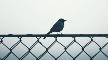 Bird on fence in foggy weather; nature scene