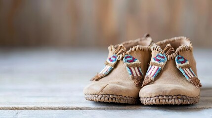 Handcrafted Leather Moccasins with Colorful Beaded Design on Rustic Background