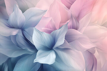 A soft and dreamy floral design with pastel colors, featuring abstract petals and leaves in flowing shapes.