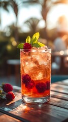 Refreshing raspberry cocktail garnished with mint on wooden table at sunset