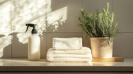 Soft sunlight illuminates a tidy workspace featuring a spray bottle, neatly folded towels, and a potted plant. The arrangement evokes a fresh and organized atmosphere ideal for spring cleaning.