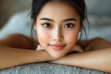 Obraz premium Beautiful asian woman relaxing with hands under chin, wellness and spa treatment