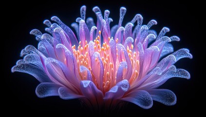 Obraz premium Lush Pink Flower with Dew Drops Displaying Intricate Petals and Vibrant Colors Surrounded by a Black Background for Stunning Visual Appeal