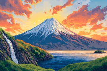 Fototapeta premium The breathtaking sight of majestic Mount Fuji at sunset, surrounded by vibrant, colorful skies, along with a peaceful lake beautifully mirroring nature's stunning splendor