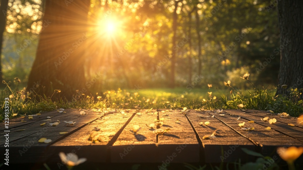 Poster sunlight streams through the trees during a beautiful spring morning, casting a warm glow on a woode