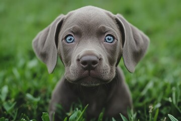 Adorable weimaraner puppy relaxing on green grass