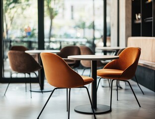 Modern Cafe Interior: Orange Chairs and Tables