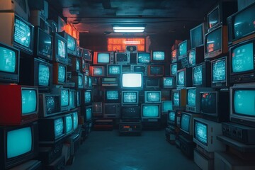 Room full of vintage televisions showing static noise and glitch effect