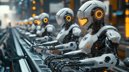 Fototapeta premium Robots work in a factory assembly line. cyberpunk style