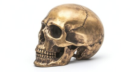 Obraz premium Antique brass skull sculpture displaying realistic anatomical detail on white background