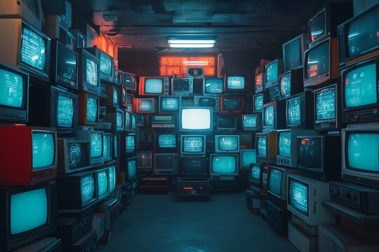 Room full of vintage televisions showing static noise and glitch effect