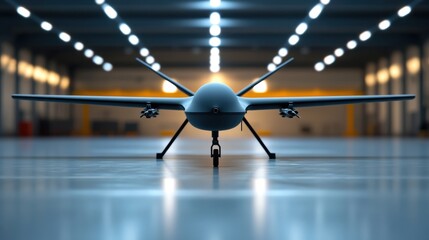 Drone Aircraft in Industrial Hangar with Ambient Lighting