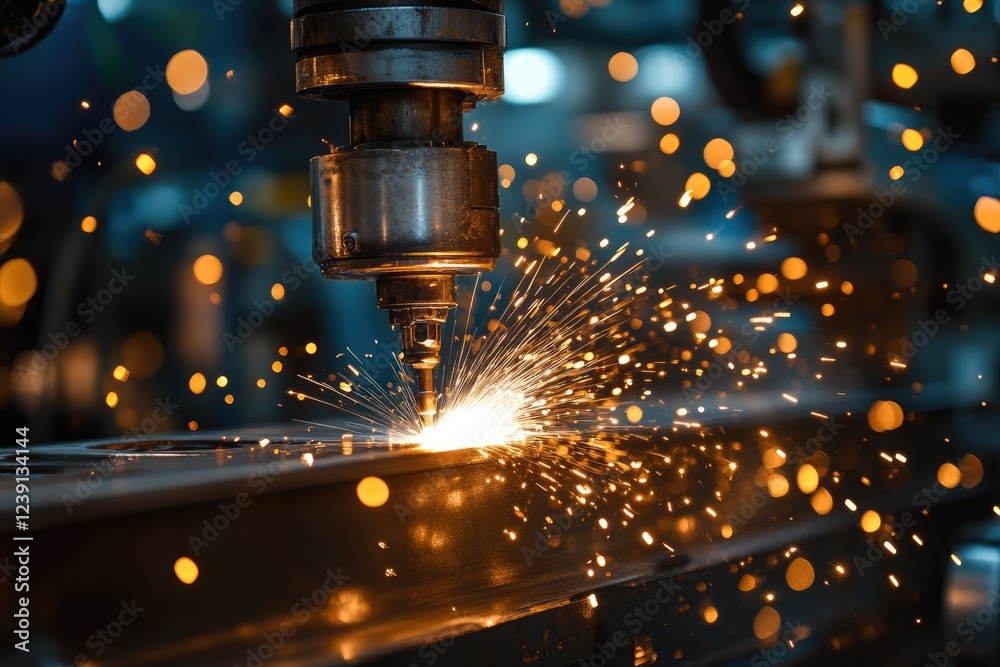 Poster robotic laser cutter making sparks while cutting metal in a factory
