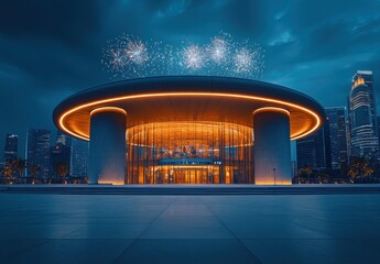 Modern architecture with glowing circular structure and fireworks display at night in a vibrant urban skyline illuminated by city lights