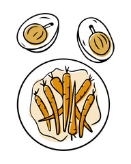 Illustration of a plate of glazed carrots with two eggs in separate dishes, featuring bold outlines and warm colors, perfect for culinary or healthy eating projects. Vector doodle drawings