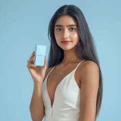 Beautiful indian woman holding a small blue box of cosmetics on blue background