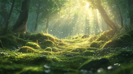 Obraz premium Sunlit forest path with lush greenery and serene atmosphere in a tranquil woodland