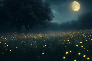 A mystical, glowing firefly meadow under the light of a full moon.