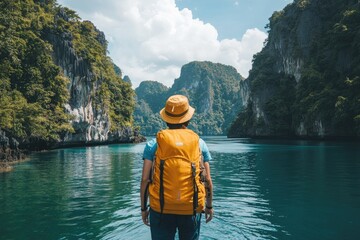Tourist exploring tropical lagoon in thailand with backpack and hat