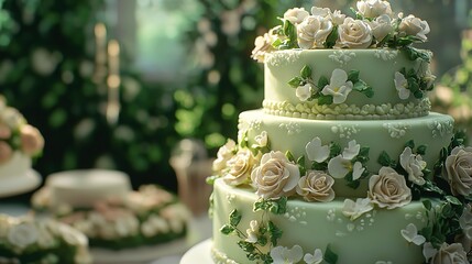 White and green cake with floral decoration at a wedding