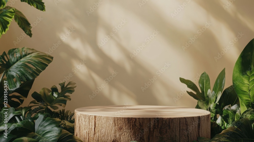 Poster a round wooden podium is surrounded by vibrant green plants, creating a serene setting. the warm spr