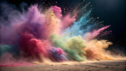 A high-resolution abstract explosion of vibrant colored powder, creating a dynamic burst of pink, purple, blue, green, and gold hues