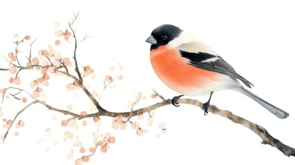 Fototapeta premium Bird perched on flowering branch, spring scene, nature illustration, website design