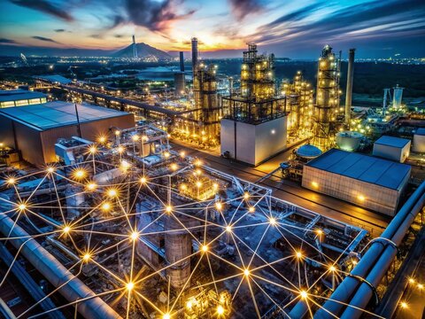 Night view of industrial facility with glowing network connections, showcasing automated machinery and IoT sensors.