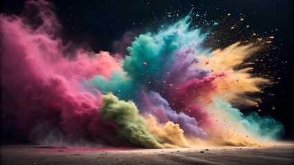 A high-resolution abstract explosion of vibrant colored powder, creating a dynamic burst of pink, purple, blue, green, and gold hues