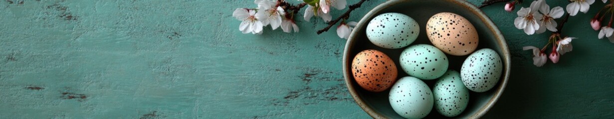 Speckled Easter eggs in pastel colors rest in a rustic bowl, adorned with delicate white blossoms on a teal background. Overhead shot, providing a peaceful spring ambiance