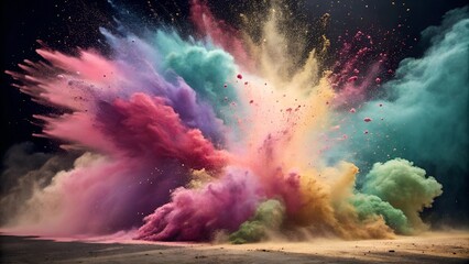 A high-resolution abstract explosion of vibrant colored powder, creating a dynamic burst of pink, purple, blue, green, and gold hues