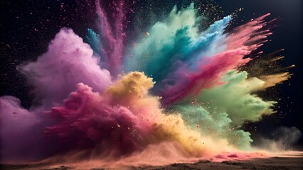 A high-resolution abstract explosion of vibrant colored powder, creating a dynamic burst of pink, purple, blue, green, and gold hues