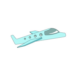 The aircraft is light turquoise in color, with smooth lines and an elegant design. It has large round windows and neat wings that emphasize its modern style. The flying shape gives a feeling of speed 