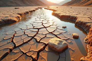 Dried riverbed with cracked soil patterns and isolated stones under late afternoon sunlight, symbolizing drought and water scarcity awareness for World Water Day.