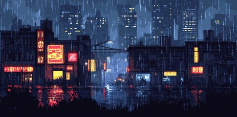 Obraz premium Rainy Night Cityscape Pixel Art Neon Lights