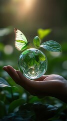 Delicate butterfly rests on a glass globe holding new leaves in a gentle hand nature concept