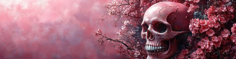 Pink and red skull surrounded by blossoms, digital painting style, textured background, dark and moody atmosphere, symbolic of life and death, artistic expression of mortality, vibrant color palette
