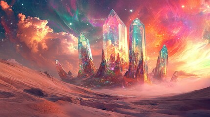 Obraz premium Cosmic Crystal Peaks in a Desert Landscape