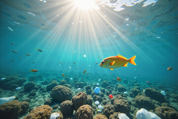 Obraz premium Fish swimming amidst plastic debris in the open ocean with gentle sunlight, highlighting the impact of ocean pollution on marine life. Environmental pollution with plastic and garbage